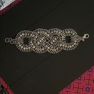 Stella and Dot Braided Chunky Silver Toned Chain and Crystal Cuff Petra Bracelet